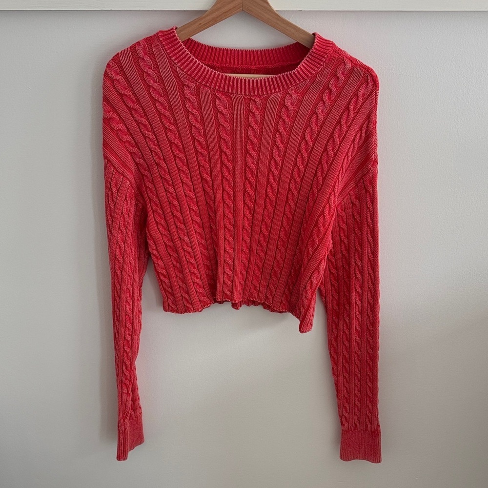 Aerie Women’s Cropped Cable Knit Sweater NWOT Red Long Sleeve Oversized Size L